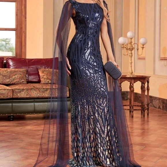 NavyBlue, Boat Neck, Long Cloak,  Sequined/ Mesh Merm… - Picture 3 of 16